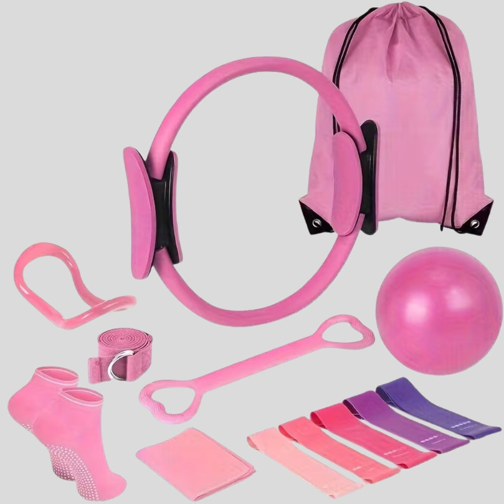 Set yoga & fitness 13 pièces rose – bandes de résistance, ballon, chaussettes antidérapantes & sac
