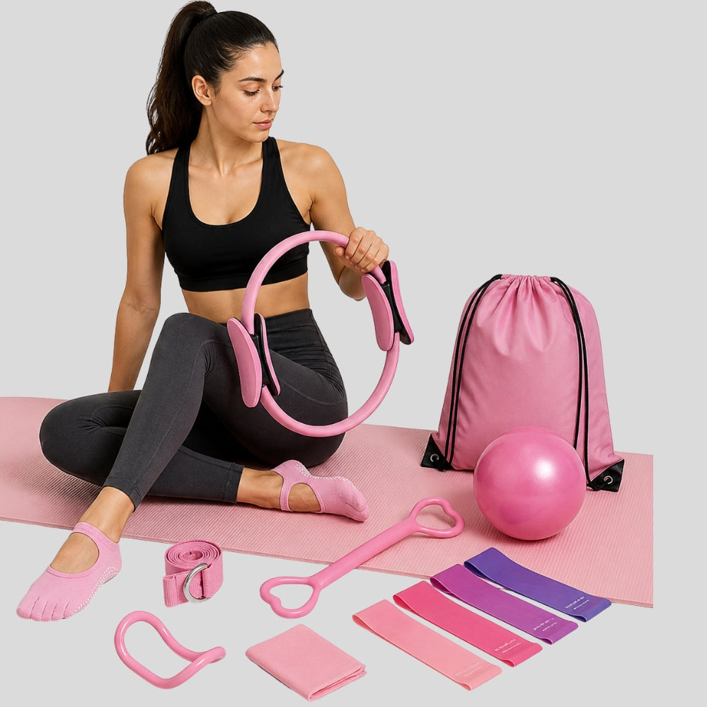 Set yoga & fitness 13 pièces rose – bandes de résistance, ballon, chaussettes antidérapantes & sac