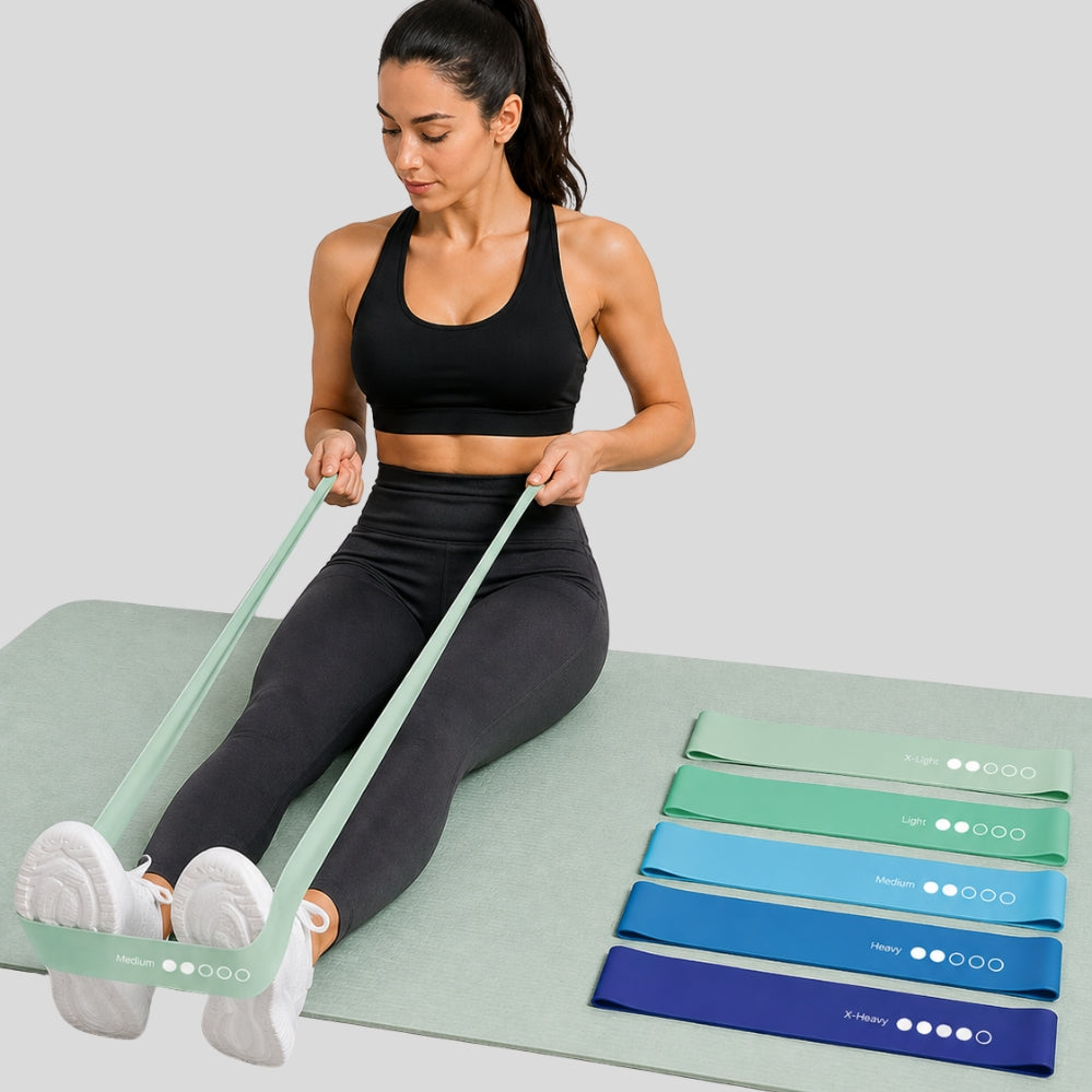 Lot 6 pièces sangles de yoga – 5 niveaux de résistance + sac, fitness jambes, bras & hanches