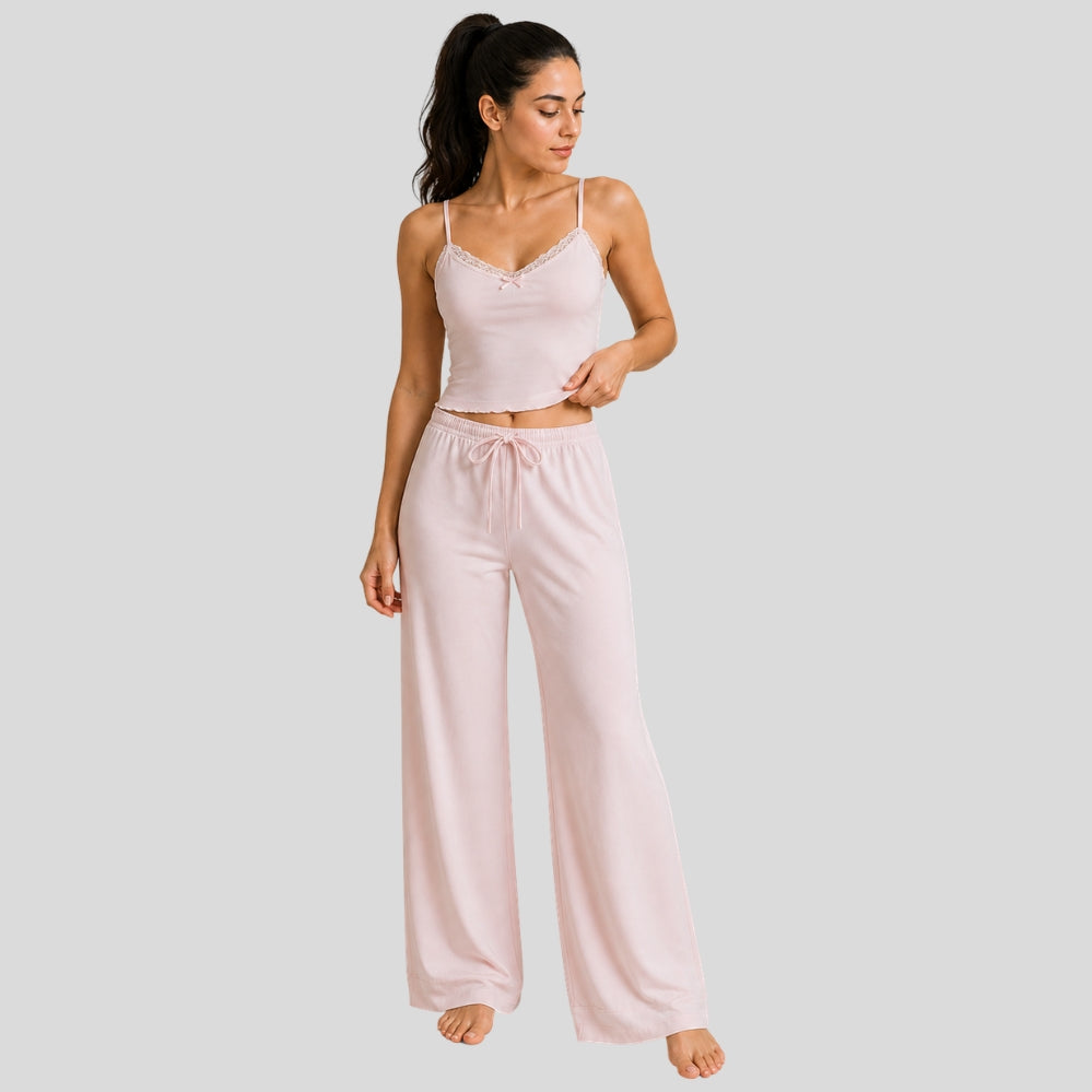 Ensemble détente femme SassyGals – débardeur motif français + pantalon ample taille nouée