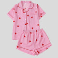 Pyjama femme rose à rayures – ensemble short & manches courtes, col cœur boutonné