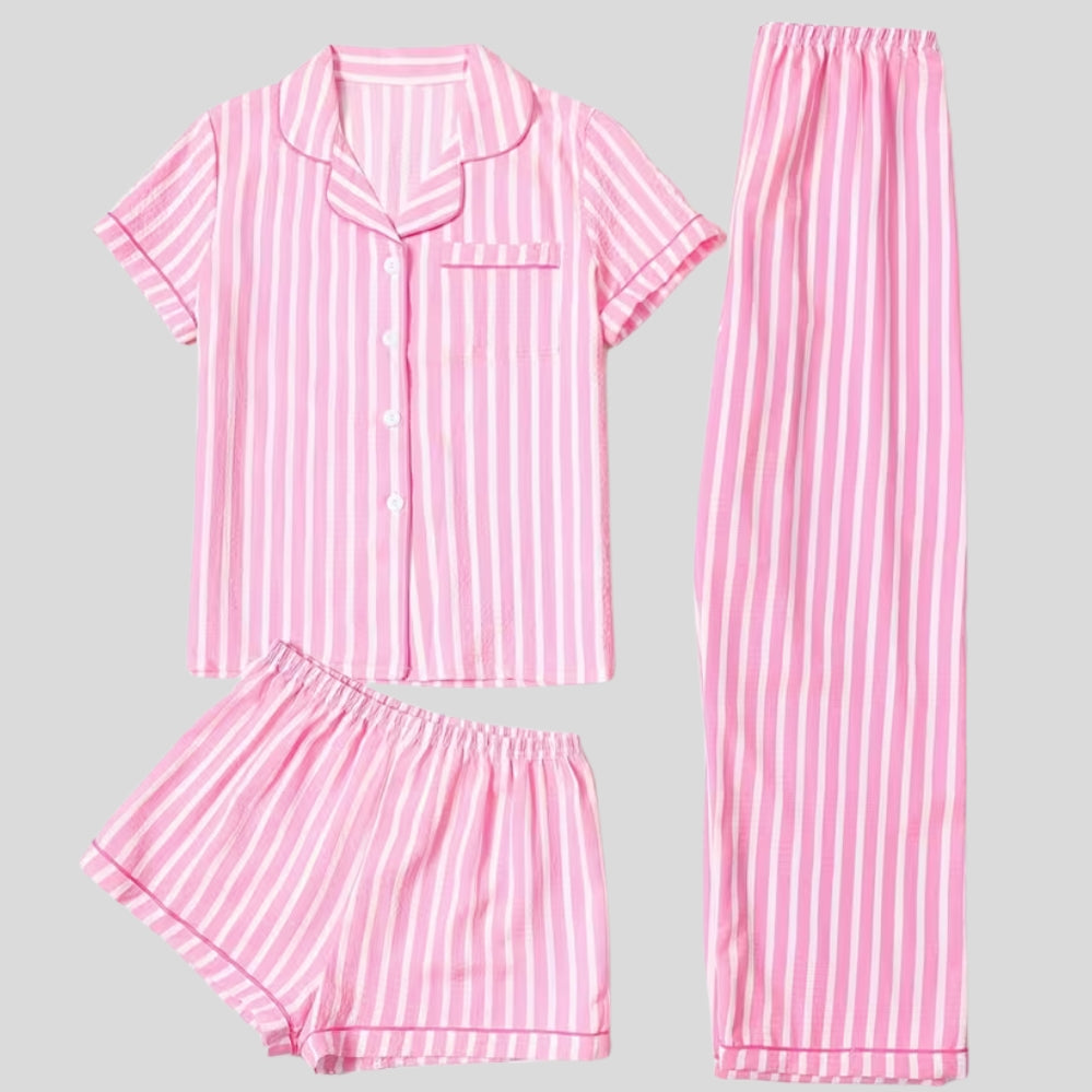 Ensemble homewear femme 3 pièces rayé – short, pantalon & cardigan décontracté
