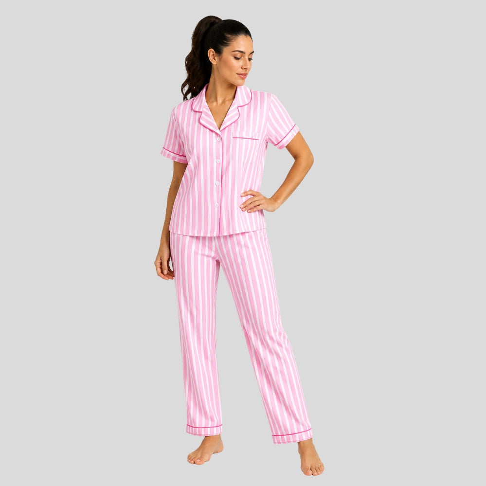 Ensemble homewear femme 3 pièces rayé – short, pantalon & cardigan décontracté
