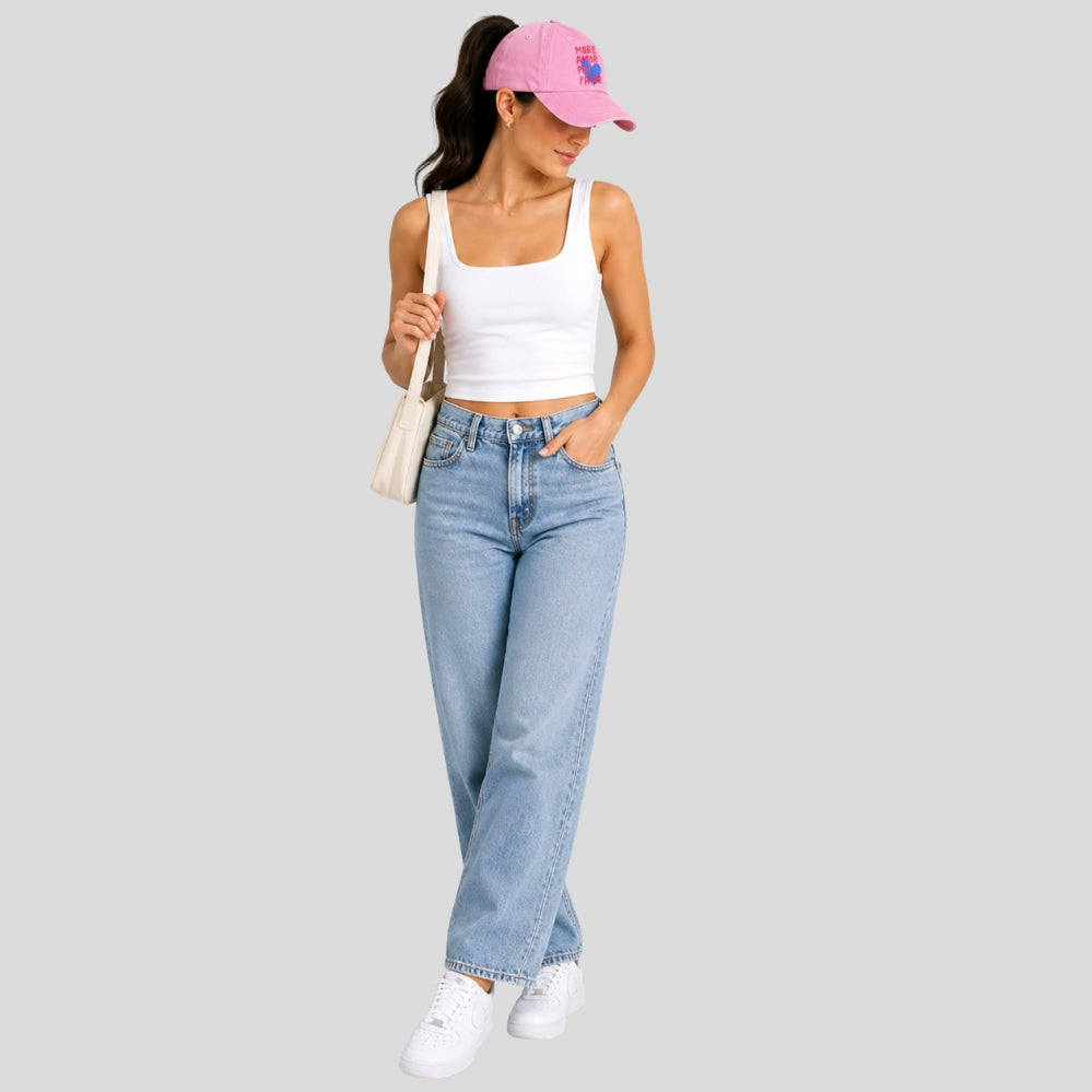 Chapeau de soleil femme “MORE AMOR POR FAVOR” – léger, ajustable, motif cœur, style vacances tendance