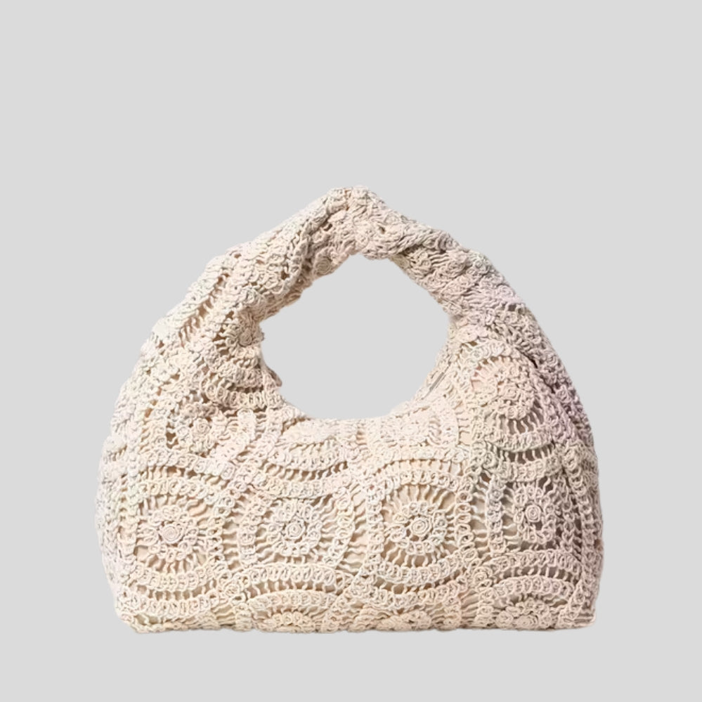 Sac bohème crochet léger femme – motif géométrique, bandoulière fixe, style boho chic beige/noir