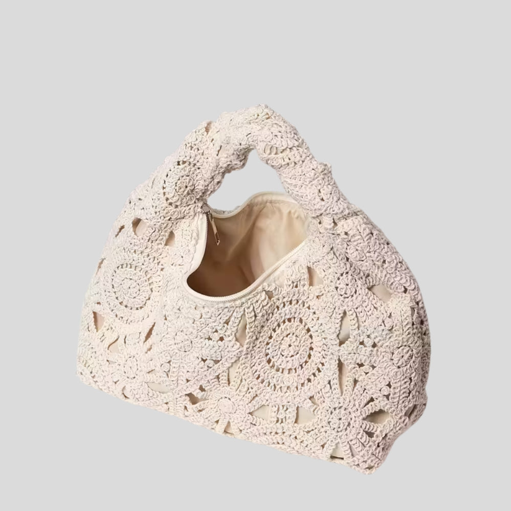 Sac bohème crochet léger femme – motif géométrique, bandoulière fixe, style boho chic beige/noir