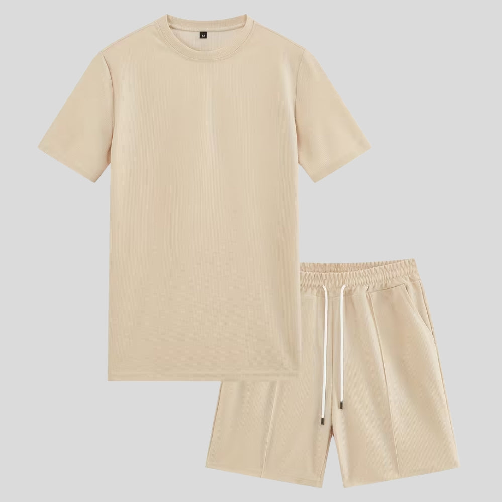Ensemble homme 2 pièces été – t-shirt col rond gaufré + short sport à cordon