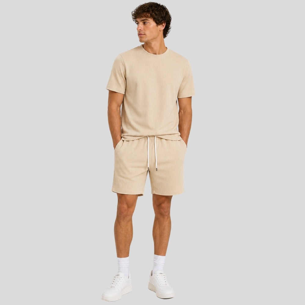Ensemble homme 2 pièces été – t-shirt col rond gaufré + short sport à cordon
