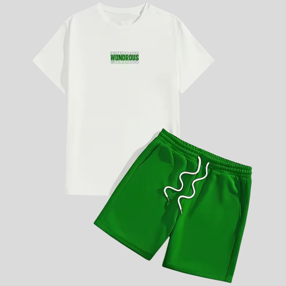 Ensemble sport homme – t-shirt col rond imprimé géométrique + short taille élastique poches