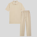 Ensemble homme 2 pièces tricot gaufré – chemise zip col + pantalon cordon, printemps/été