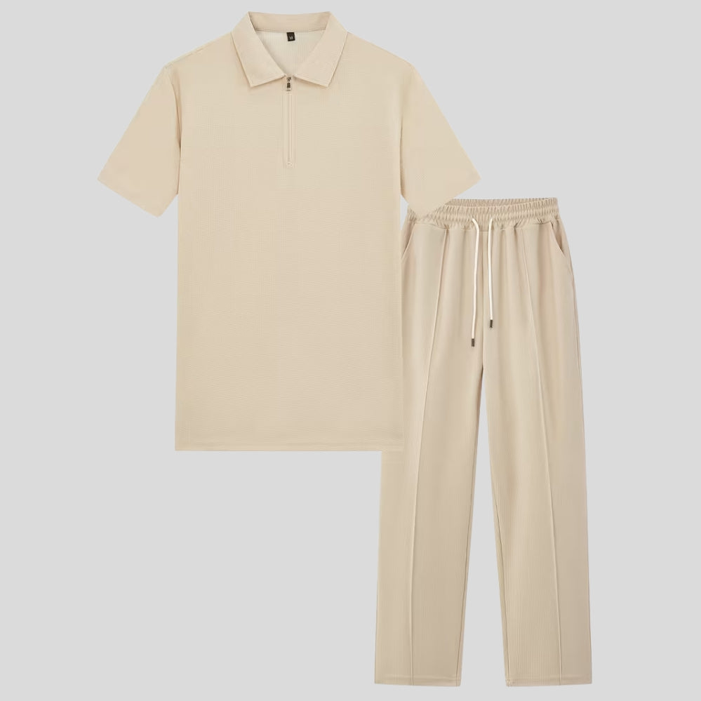 Ensemble homme 2 pièces tricot gaufré – chemise zip col + pantalon cordon, printemps/été