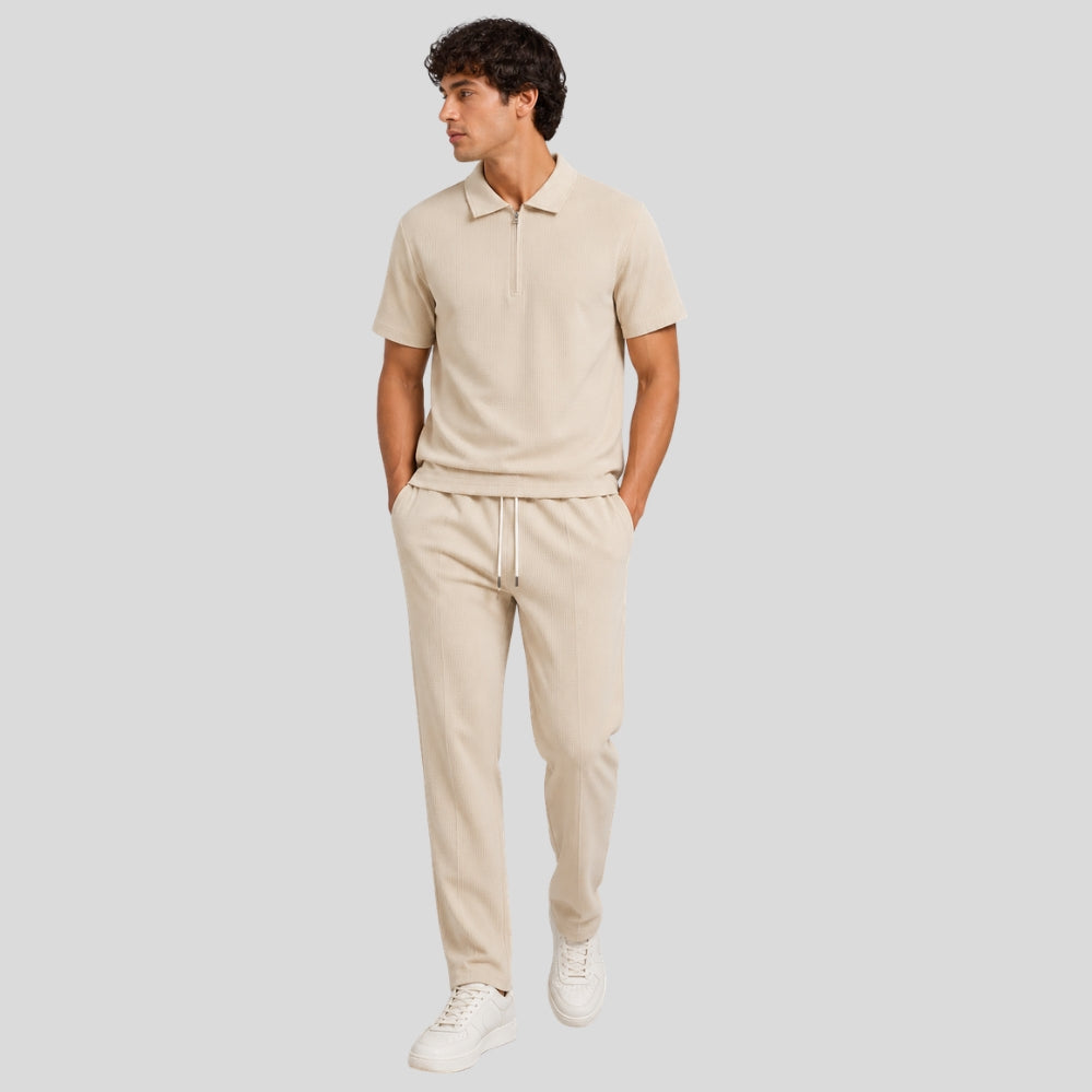 Ensemble homme 2 pièces tricot gaufré – chemise zip col + pantalon cordon, printemps/été