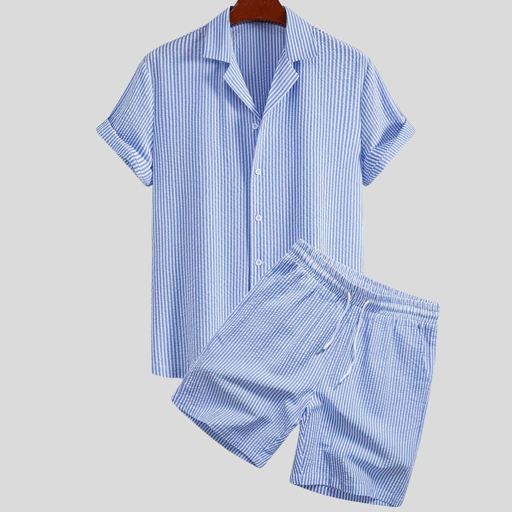 Ensemble homme 2 pièces rayé – respirant, col costume, cordon & poches, style été casual