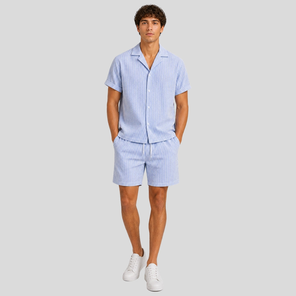 Ensemble homme 2 pièces rayé – respirant, col costume, cordon & poches, style été casual