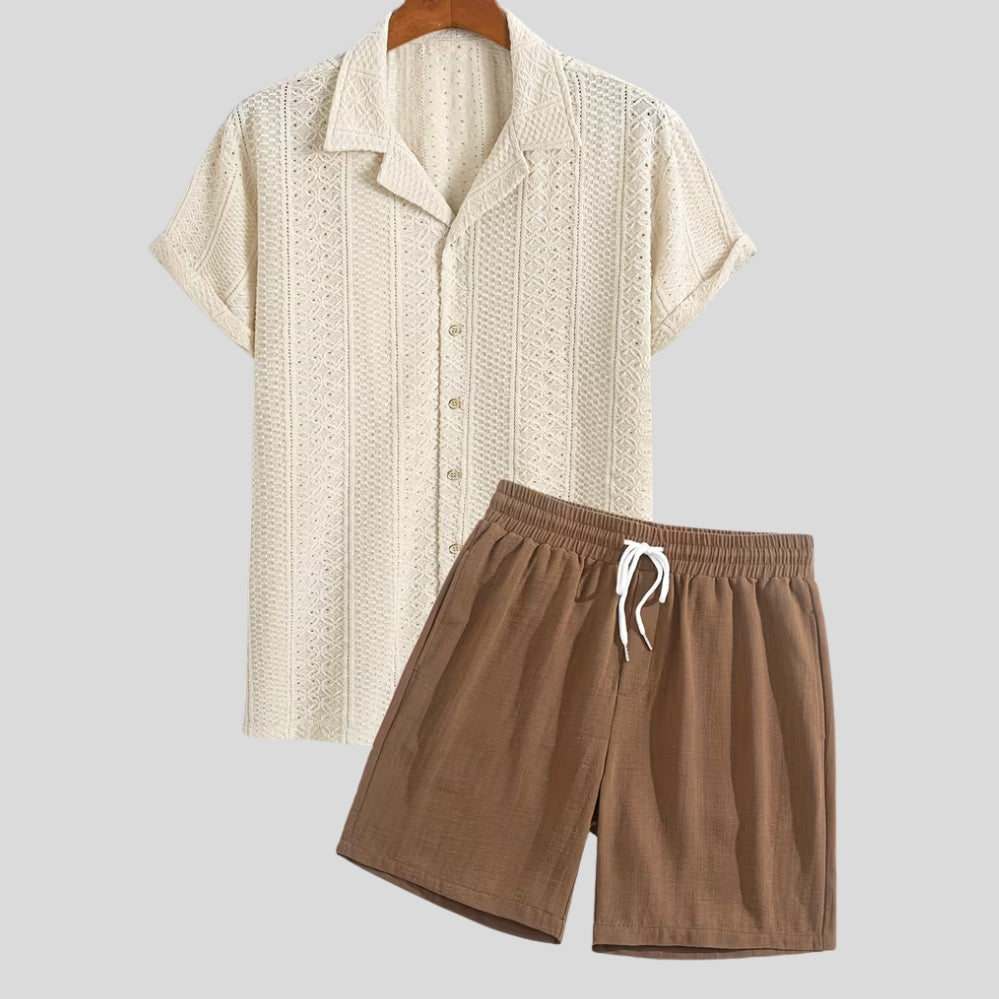 Ensemble homme été 2 pièces – chemise col cubain jacquard + short lin, sport décontracté