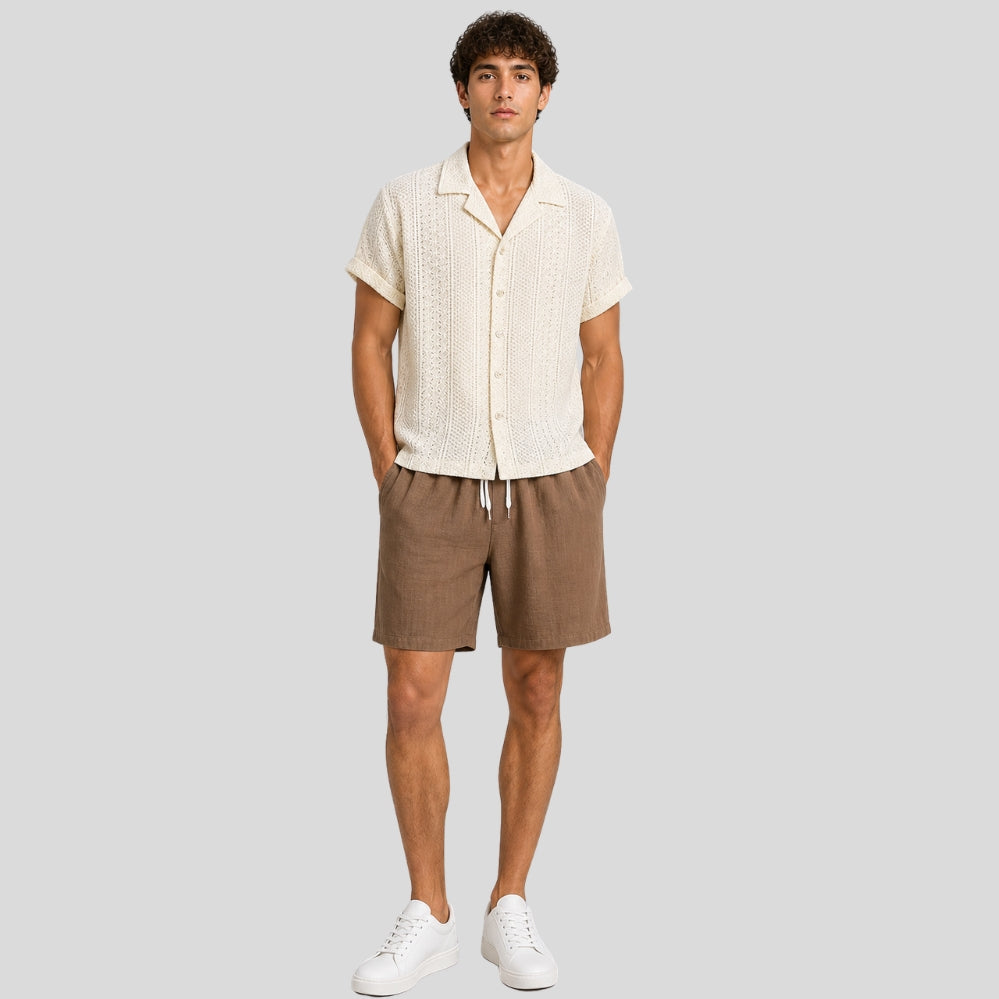 Ensemble homme été 2 pièces – chemise col cubain jacquard + short lin, sport décontracté