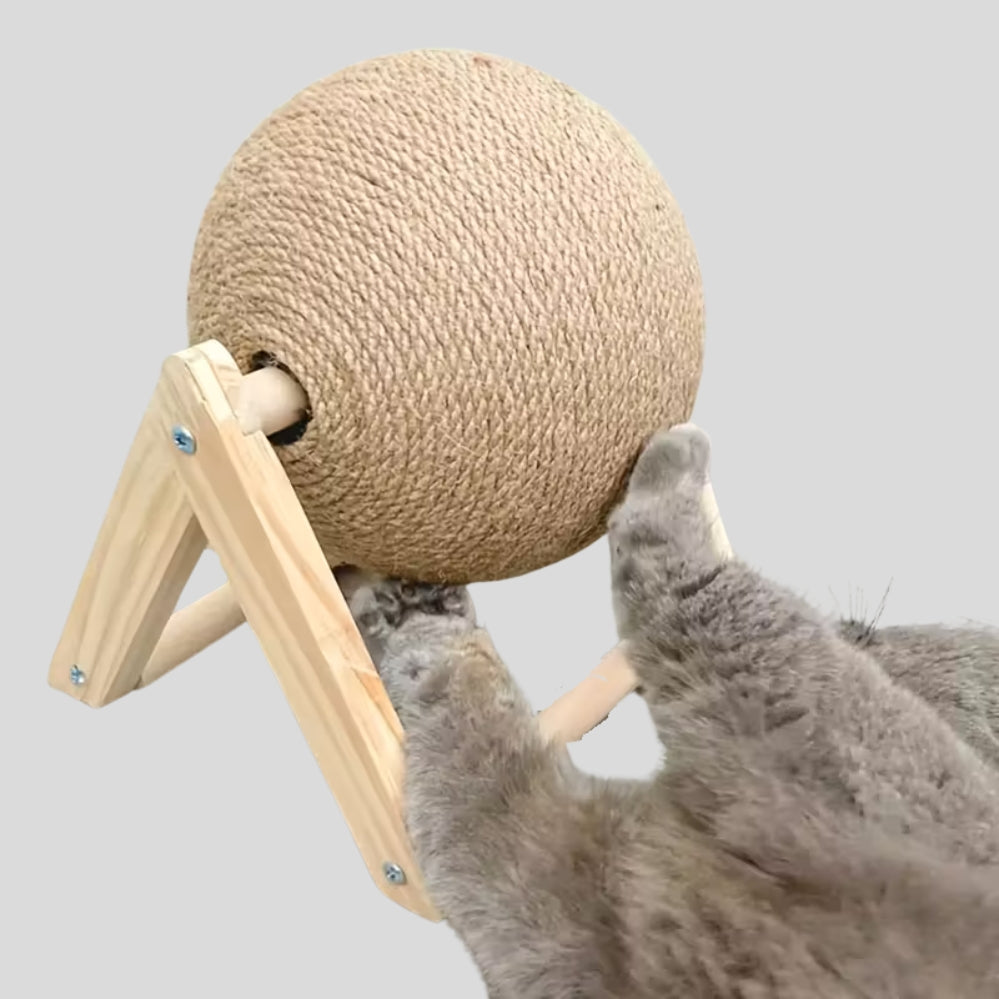 Balle rotative pour chat avec surface de grattage, base stable et jeu interactif sans pile pour stimuler et divertir votre compagnon