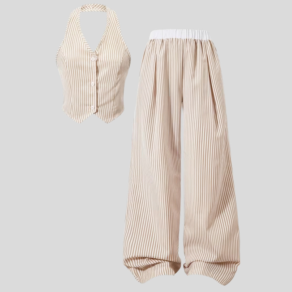 Ensemble fille Y2K 2 pièces – top court col nu + pantalon large rayé, style rétro ado