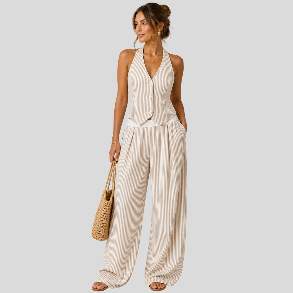 Ensemble fille Y2K 2 pièces – top court col nu + pantalon large rayé, style rétro ado