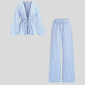 Ensemble femme rayé 2 pièces – chemise plissée col V nouée + pantalon cordon, chic décontracté