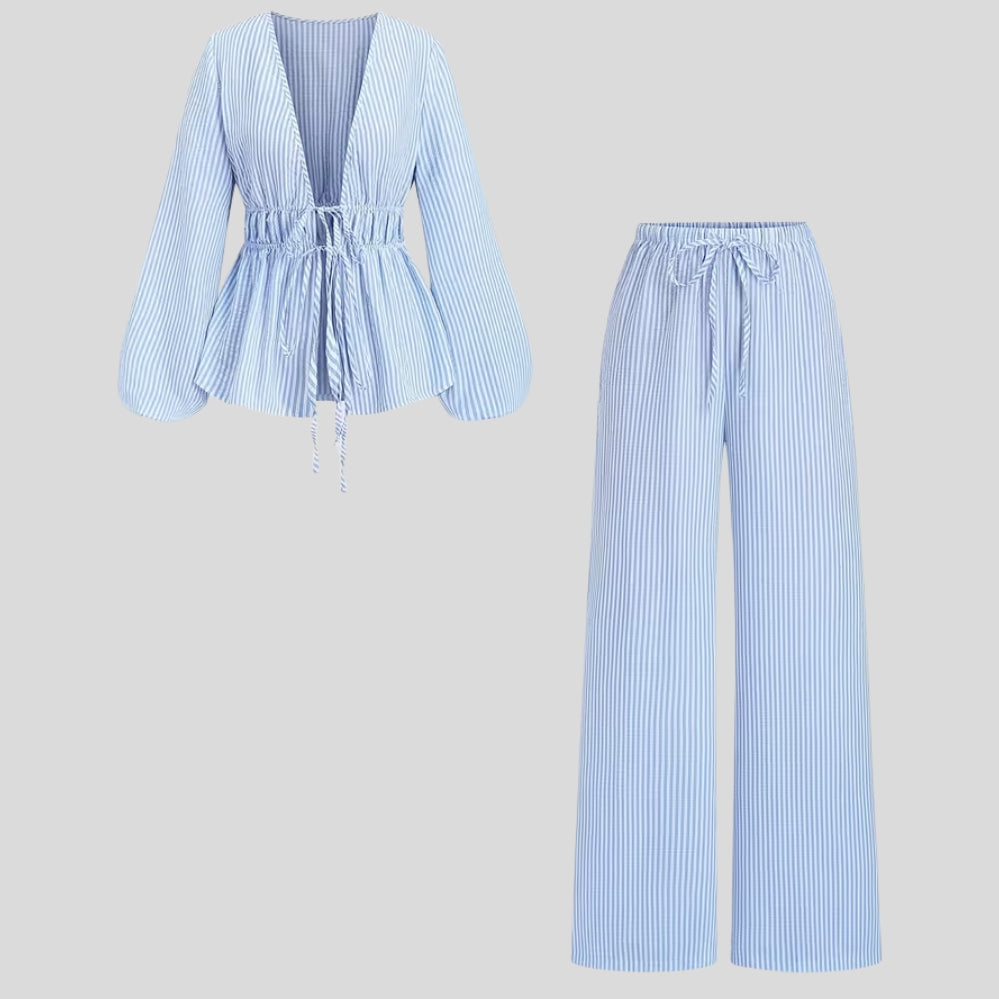 Ensemble femme rayé 2 pièces – chemise plissée col V nouée + pantalon cordon, chic décontracté
