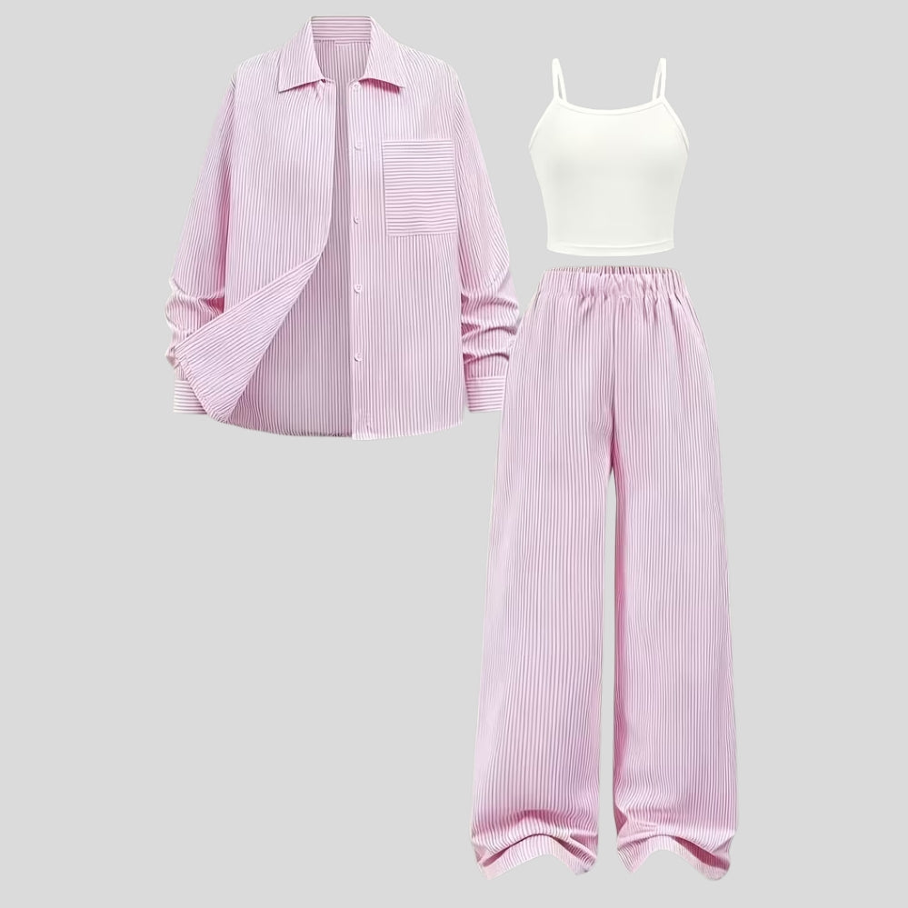 Ensemble ado 3 pièces rayé – chemise + pantalon, style printemps/automne extérieur