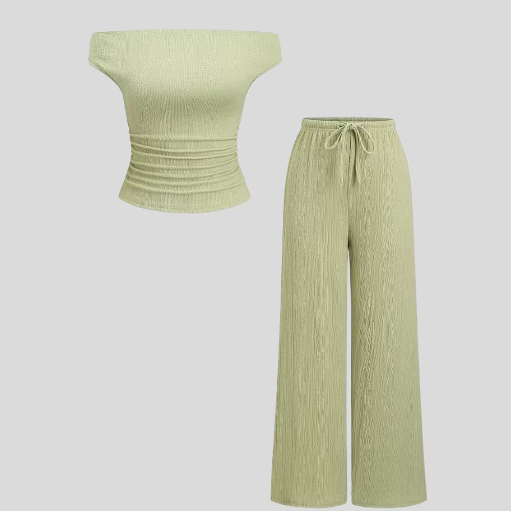 Ensemble femme 2 pièces – t-shirt épaules dénudées uni + pantalon ample taille nouée
