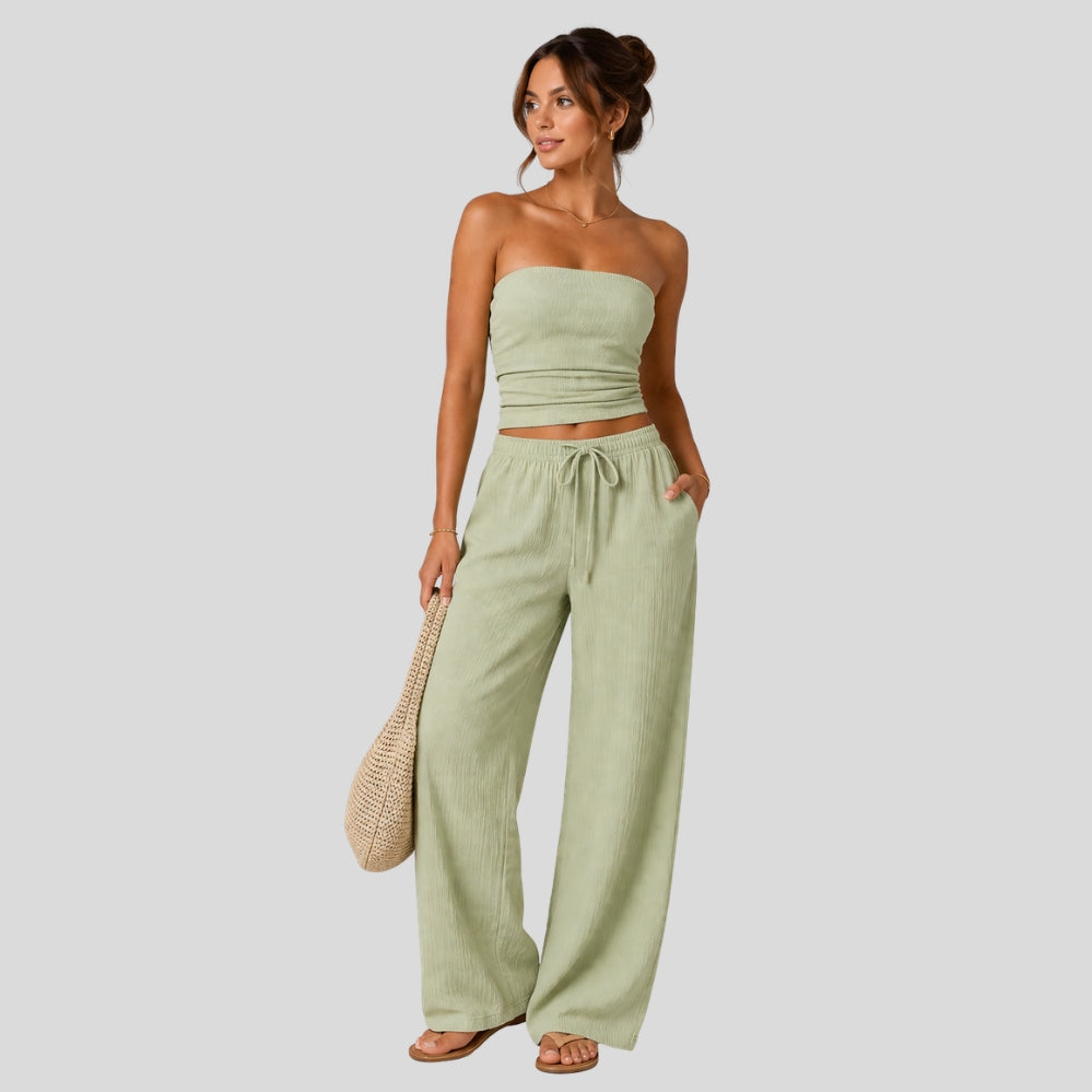 Ensemble femme 2 pièces – t-shirt épaules dénudées uni + pantalon ample taille nouée