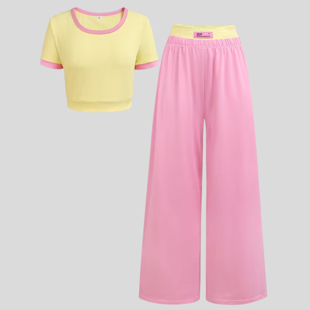 Ensemble fille été 2 pièces – haut manches courtes contrasté + pantalon long décontracté ado