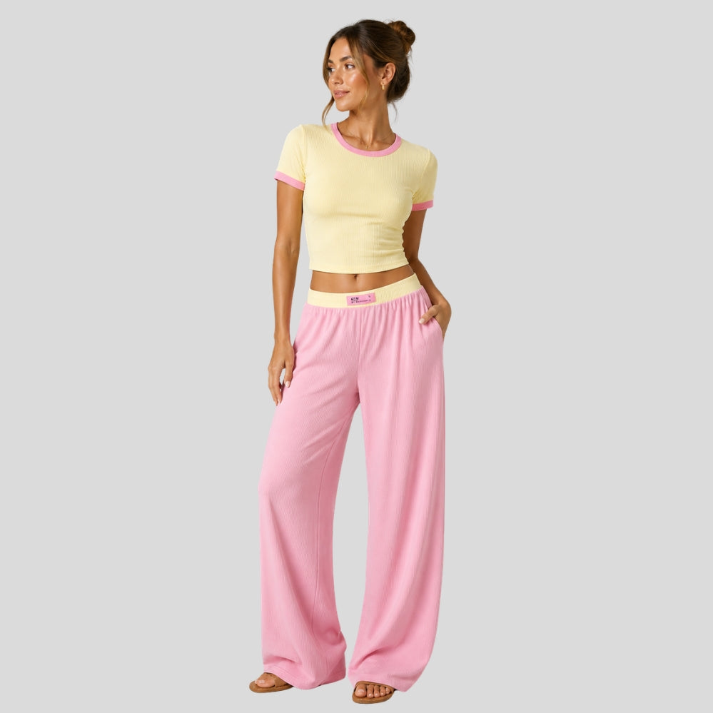Ensemble fille été 2 pièces – haut manches courtes contrasté + pantalon long décontracté ado