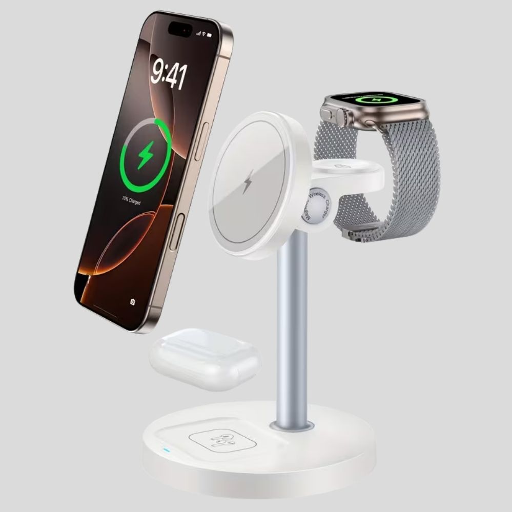 Chargeur sans fil 3-en-1 magnétique – iPhone, Apple Watch & AirPods, design réglable bureau