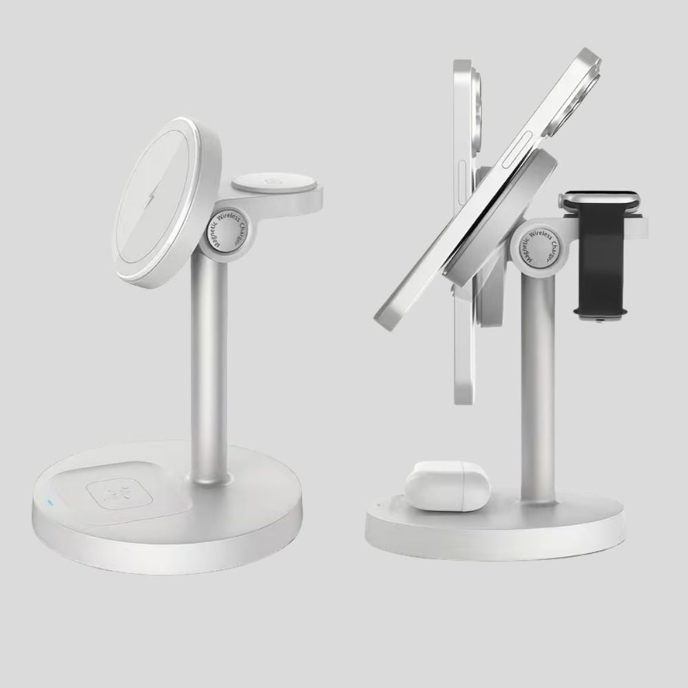 Chargeur sans fil 3-en-1 magnétique – iPhone, Apple Watch & AirPods, design réglable bureau