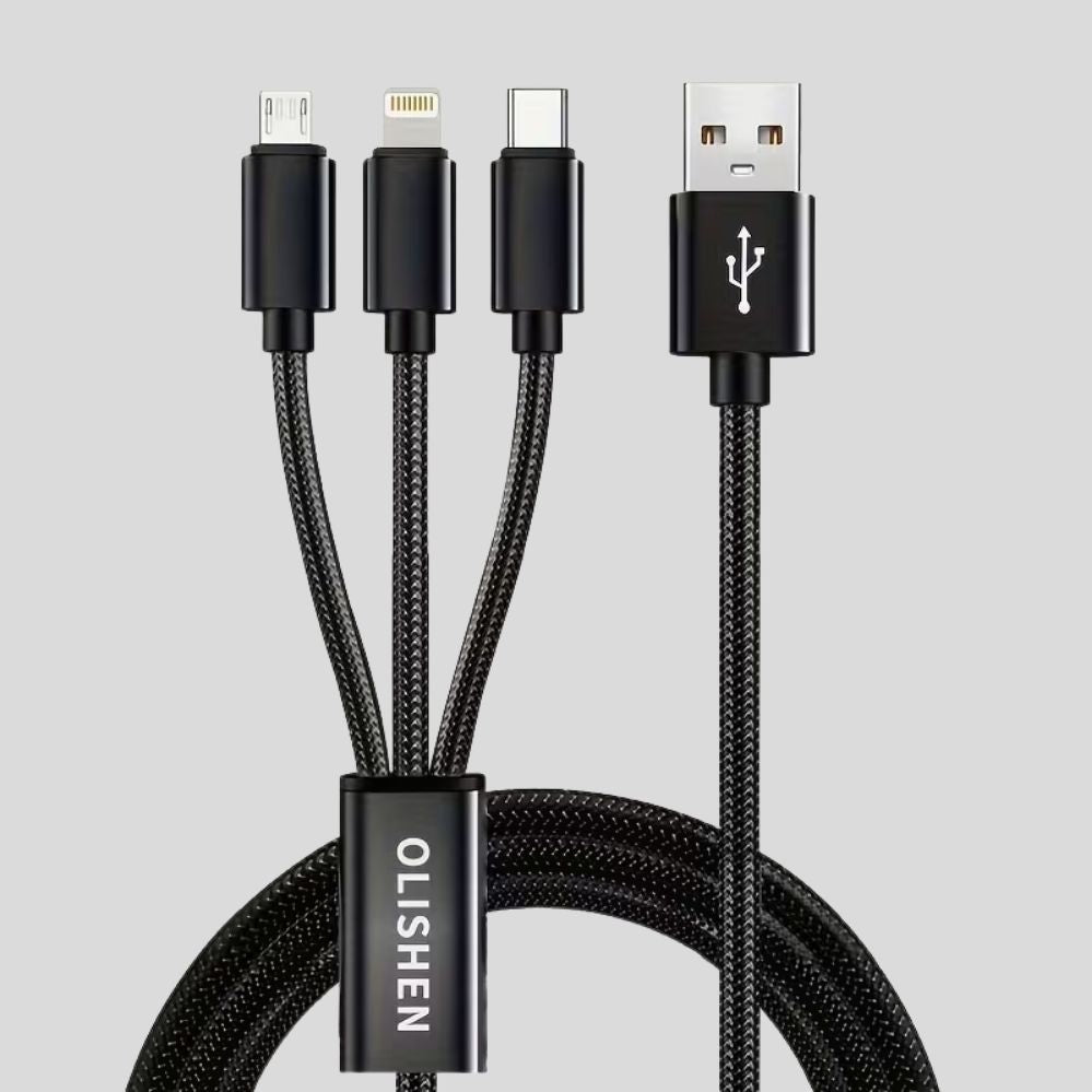 Câble de charge 3-en-1 rapide – nylon tressé, multi-longueurs, iPhone & Android universel