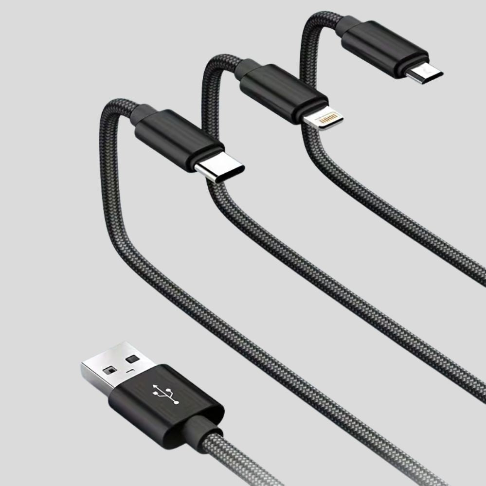 Câble de charge 3-en-1 rapide – nylon tressé, multi-longueurs, iPhone & Android universel
