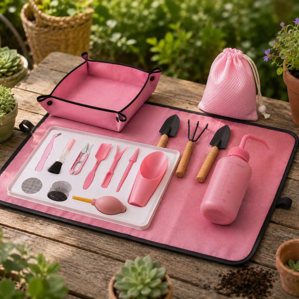 Kit jardinage 20-en-1 succulentes – outils, sac & tapis imperméable, intérieur & balcon