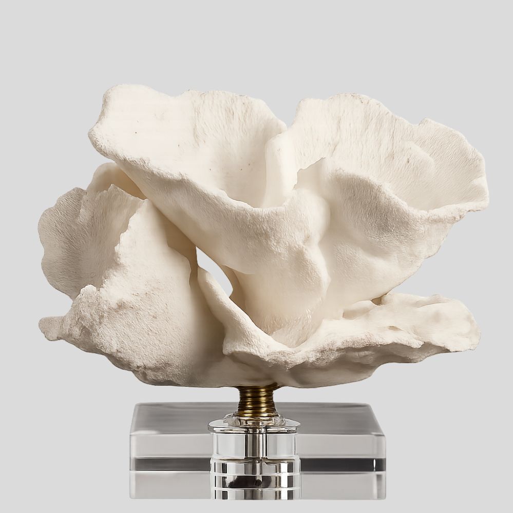Sculpture décorative corail blanc avec base en cristal pour salon, bureau ou intérieur bord de mer
