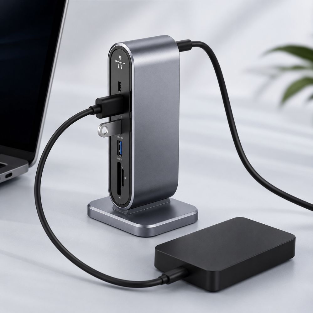 Station d’accueil USB-C verticale avec double écran 4K, Ethernet Gigabit et hub USB intégré