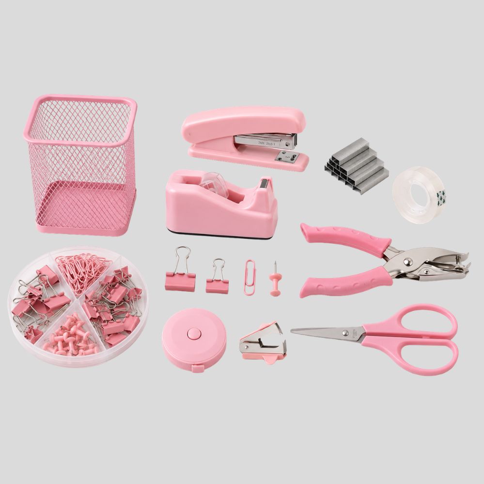 Kit papeterie 10-en-1 rentrée scolaire – porte-stylo, agrafeuse, perforatrice & accessoires