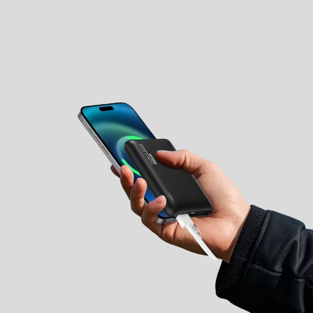 Batterie externe 5000mAh ultra fine – double USB, iPhone & Android, câble Type-C inclus