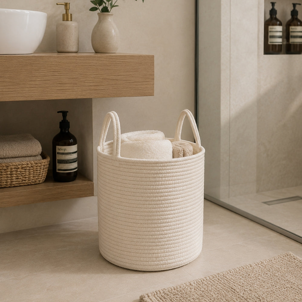 Panier de rangement nordique avec poignées pour linge, jouets et accessoires du quotidien