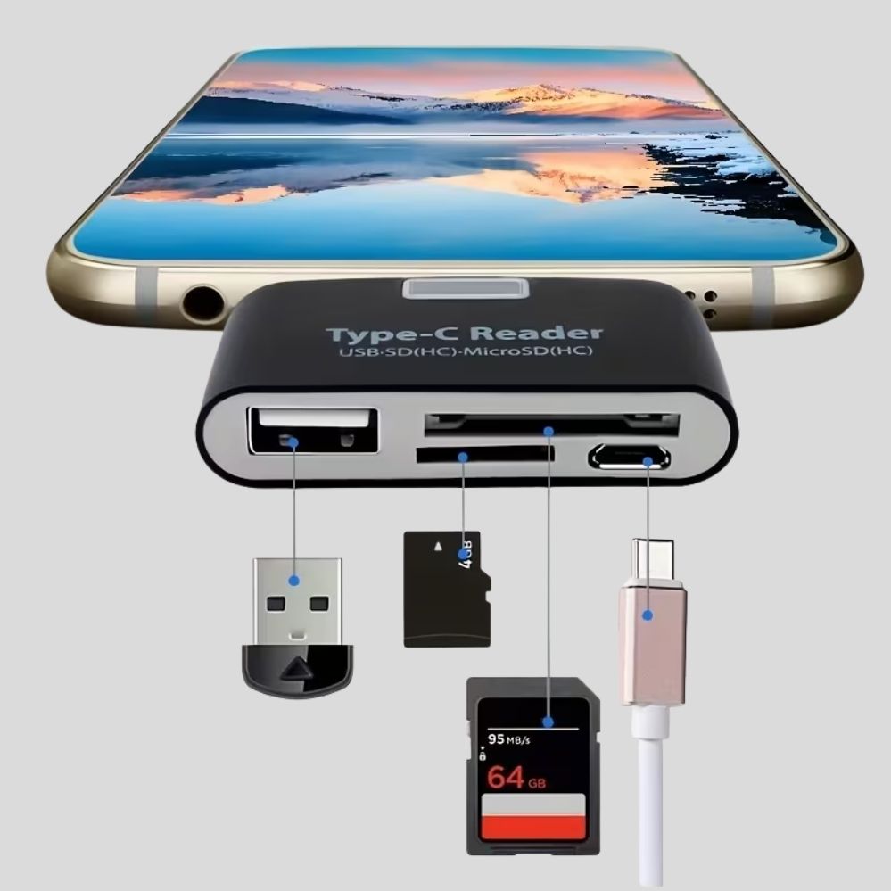 Lecteur Type-C 4-en-1 OTG – USB 3.1, Micro SD/TF & charge, compatible PC et smartphone