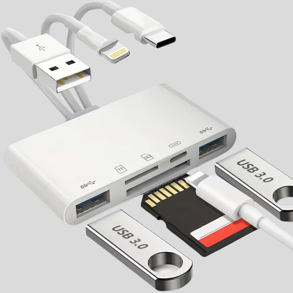 Lecteur de cartes 5-en-1 USB-C OTG – iPhone, Android, SD & microSD compatible