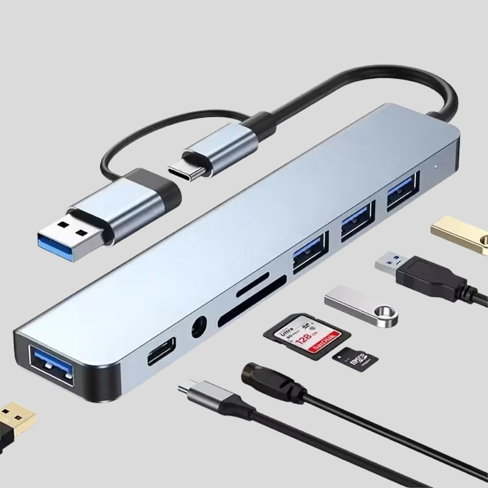Hub 8-en-1 USB-C multifonction – USB 3.0, SD/TF, audio 3.5 mm & sortie vidéo