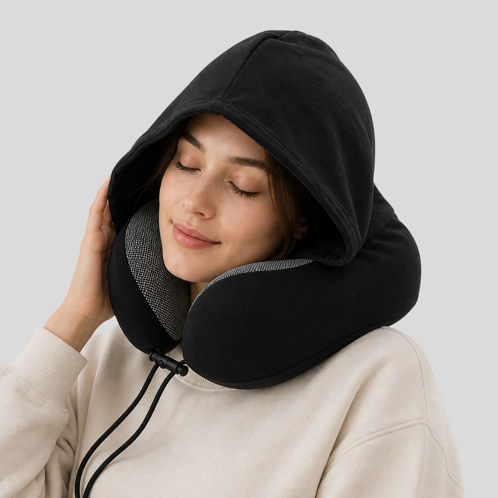 Oreiller de voyage ITECHJOY en U avec capuche – ajustable, soutien cou, lavable, voyage voiture