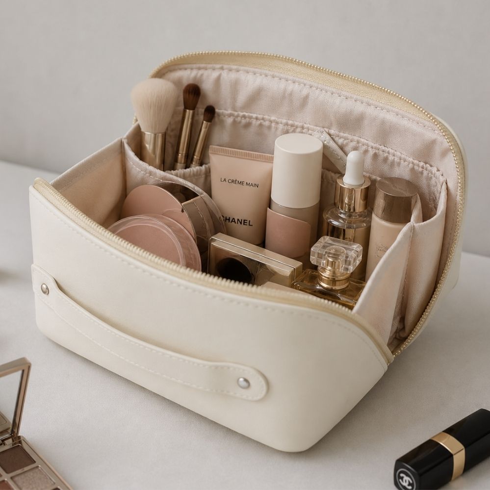 Sac organisateur de voyage rose – trousse cosmétique extensible avec compartiments zippés