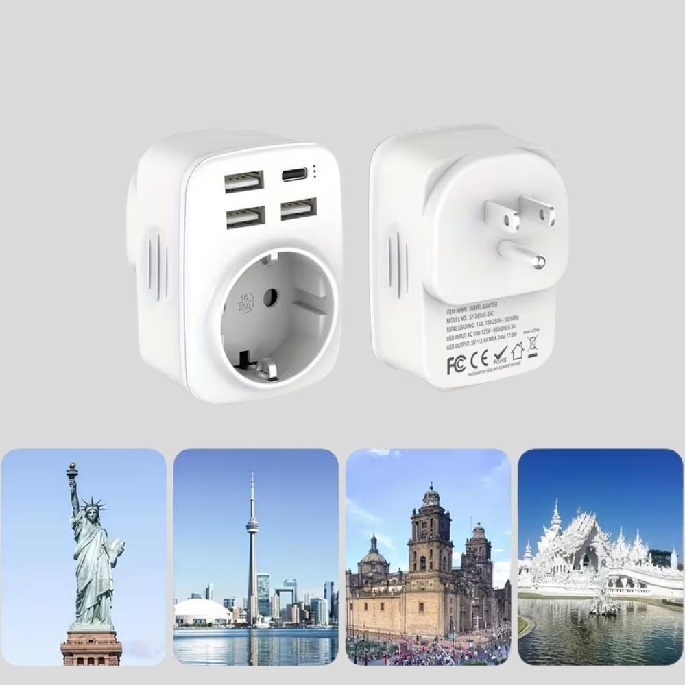 Adaptateur de voyage USA – Type B, 3 USB + 1 USB-C, charge rapide 3.4A