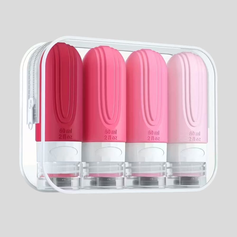 Lot de 4 flacons de voyage 60 ml – couleurs assorties, pochette étanche, cosmétiques & toilette