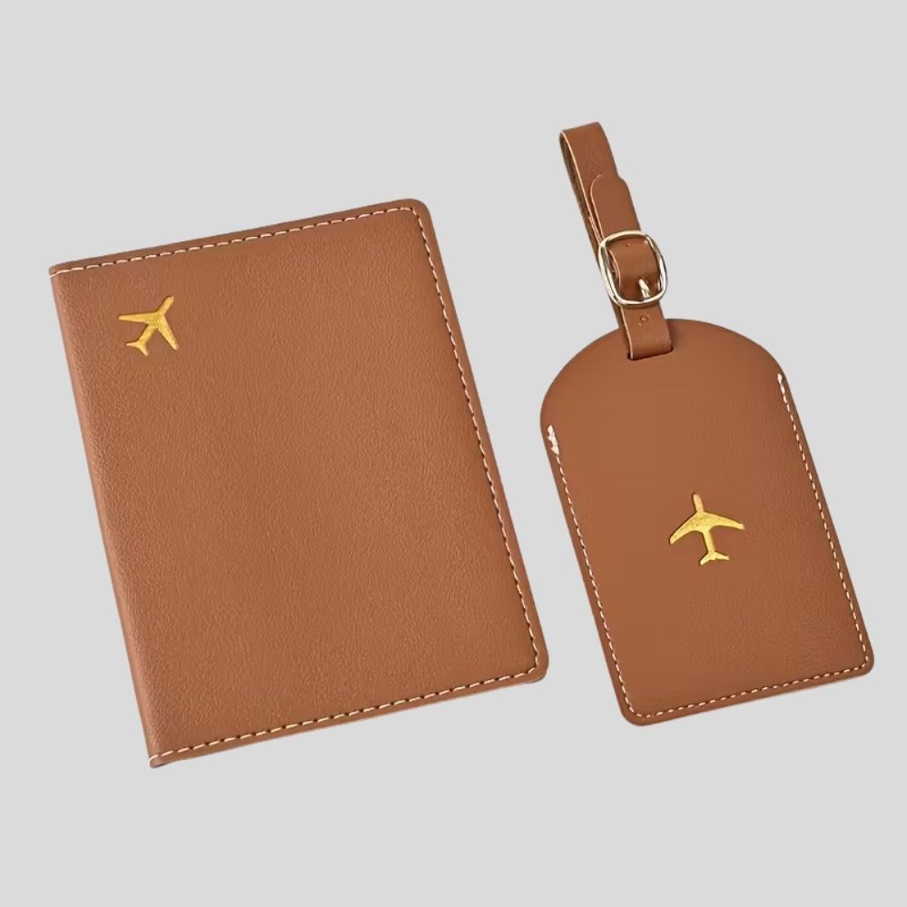 Set voyage 2 pièces similicuir – porte-passeport & étiquette de bagage pliables, légers