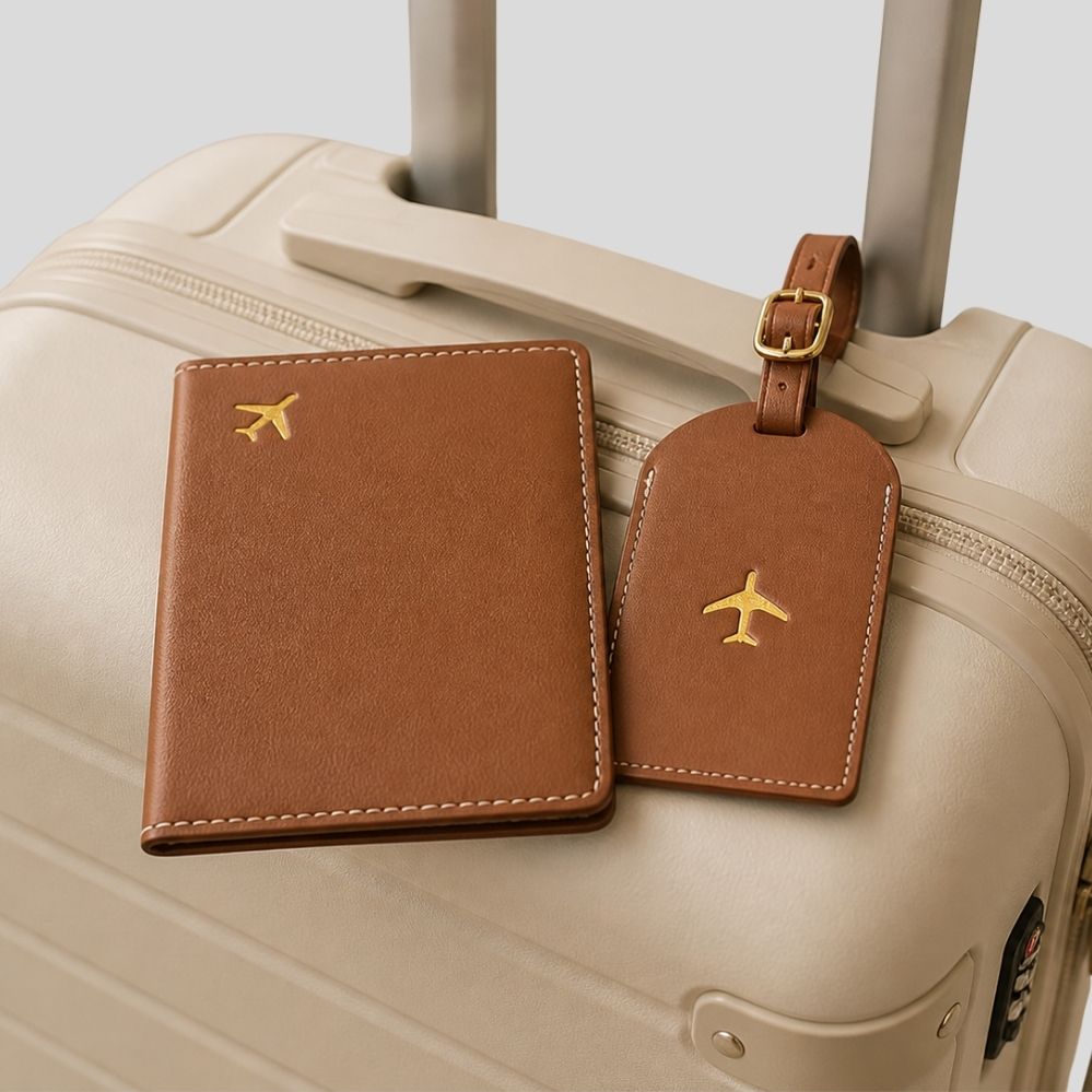 Set voyage 2 pièces similicuir – porte-passeport & étiquette de bagage pliables, légers