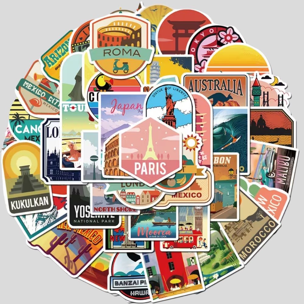 Lot de 50 stickers voyages villes – Paris, Rome, Londres, Tokyo & plus, scrapbooking et journaling